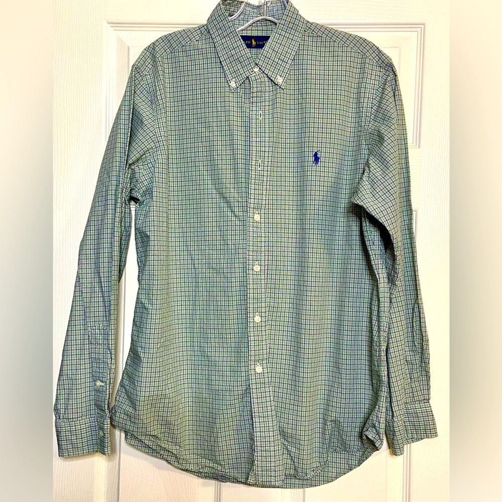 Polo Ralph Lauren Checked Shirt Mens Large Blue Green Classic Fit 100% Cotton
